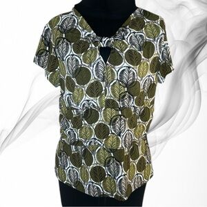 Vintage Jonden Petite by Linda Leal Green Cap Sleeve Leaf Print Top Petite Large